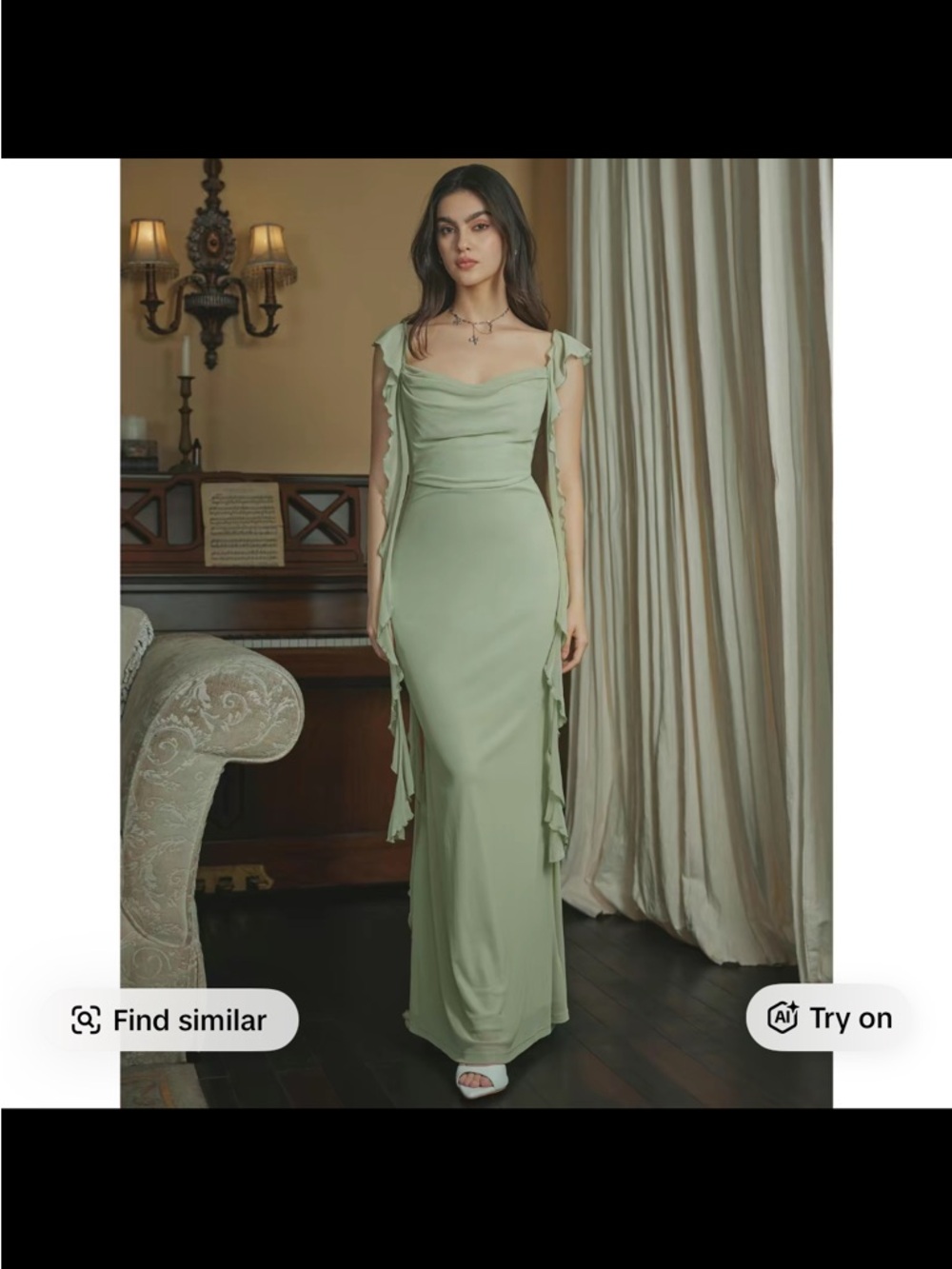 Elegant Sage Green Mesh Ruffle Hem Maxi Evening Dress